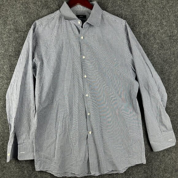 Hugo Boss Shirt Mens 17 Blue Check Cotton Button Up Long Sleeve Sharp Fit - Picture 1 of 7